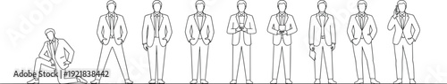 Businessmen in various confident poses, line art illustration, professional corporate attire, standing and kneeling, formal office outfit, vector sketch.
