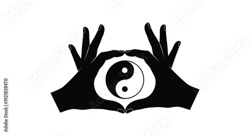 Hands forming a heart shape around a yin yang symbol black silhouette