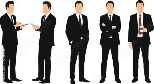 Businessmen standing in formal suits, professional office attire, corporate people illustration, holding coffee, discussing ideas, confident male executives team, isolated on white background