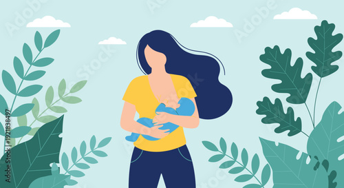 Mother Breastfeeding Baby in Nature Background Flat Vector IllustrationMother Breastfeeding Baby in Nature Background Flat Vector Illustration