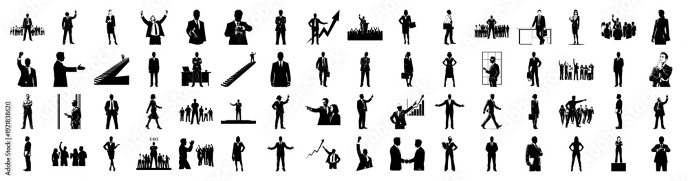 Fototapeta premium Silhouette Vector Pack of Diverse Business People and Activities Flat Design Icons for Corporate and Teamwork Graphics