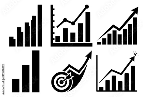 Silhouette vector pack of business growth charts and success icons with upward trends and financial progress