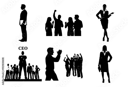 Business leadership and teamwork silhouette vector pack, corporate success icons, minimalist black figures, professional CEO and employees