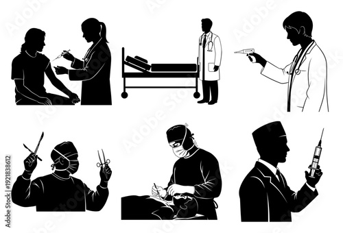Silhouette vector pack of medical professionals and scientists in action with lab tools and patient care