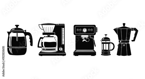 Four coffee makers displayed in a stark black silhouette high quality