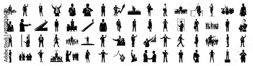 Silhouette Vector Pack of Diverse Business People and Activities Flat Design Icons for Corporate and Teamwork Graphics