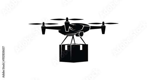Drone delivering a package modern design black and white silhouette