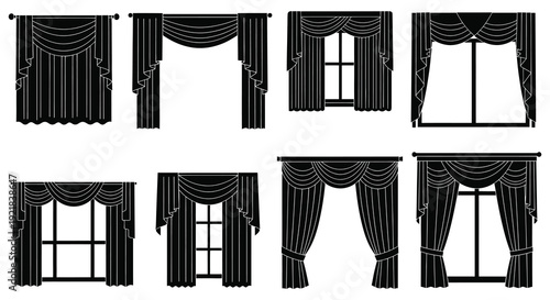Variety of window curtain designs displayed in a stark black silhouette