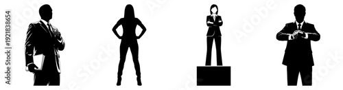 Business success silhouette vector pack, professional men and woman leadership icons, flat design career growth figures, minimalist corporate achievement set