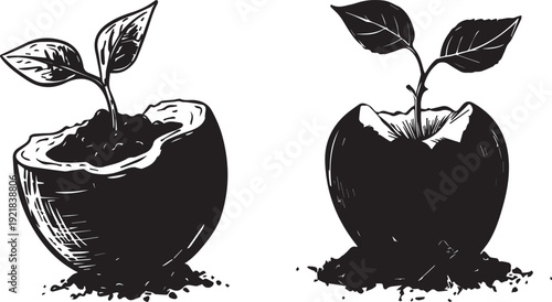 A hand-drawn apple core with a small sprout growing out. Collection set of Sprouting seeds symbolising compost life vector illustration set vector silhouette