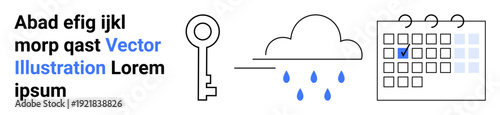 Access management, weather forecasting, scheduling, task organization, time management, data planning. Key, cloud with rain and calendar with a marked date. Access management and weather forecasting