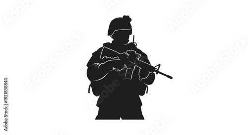 Soldier in tactical gear holding rifle with radio communication