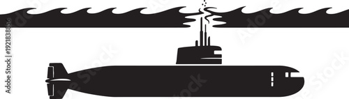 Black Submarine Sailing Under Waves on White Background