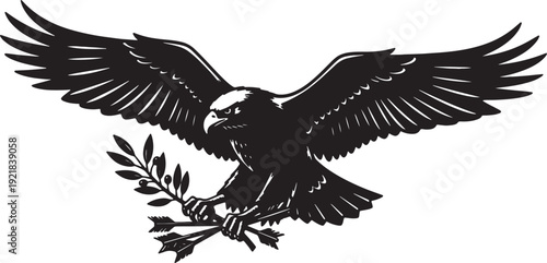 Black Eagle Holding Olive Branch and Arrows Isolated on White