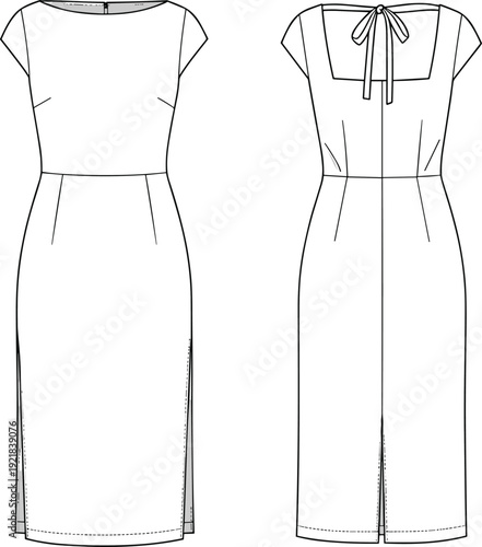 Cap sleeve fitted dress flat sketch, front and back view, waist seam, back tie detail, vector illustration, technical drawing