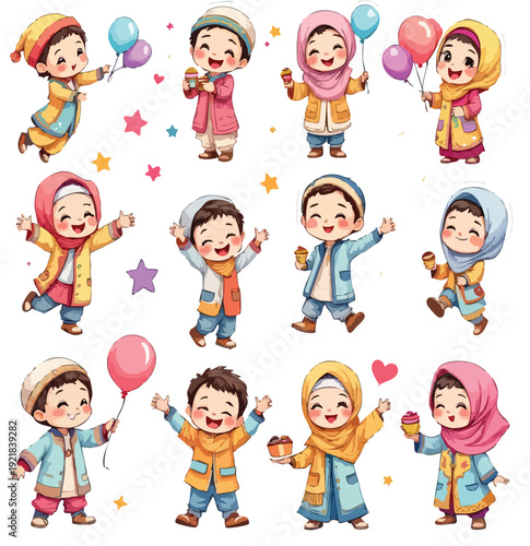Children celebration vector illustration with colorful attire balloons cupcakes stars hearts joyful expressions cultural festive diversity unity