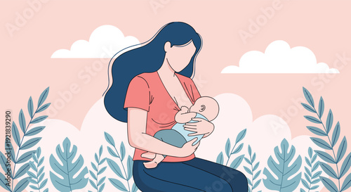 Mother breastfeeding baby outdoors in nature illustration