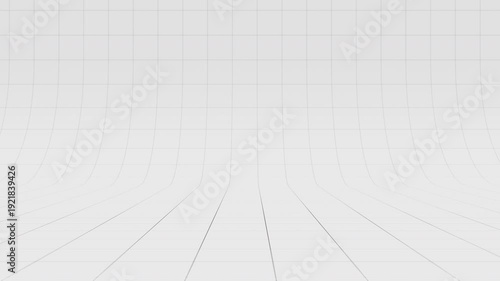 Clean minimalist white studio background with a gray 3D curved floor grid moving from right to left. Seamless loop animation for presentations, technology displays, blueprints, and product staging