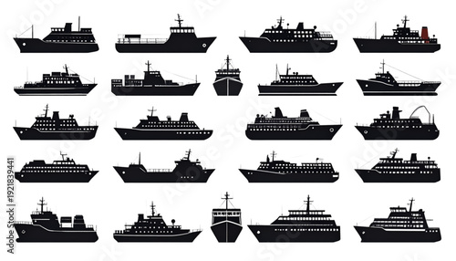 A collection of diverse naval ships and submarines in black and white silhouette style isolated on transparent background