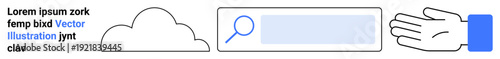 Cloud computing, internet search, digital interaction, user interface, hand gestures, data sharing. Minimalist visual with cloud, search bar and hand. Cloud computing and internet search concept
