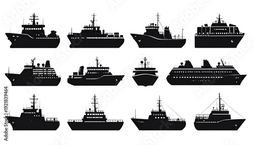 Diverse fleet of stylized ships sailing on calm waters in a row formation isolated on transparent background