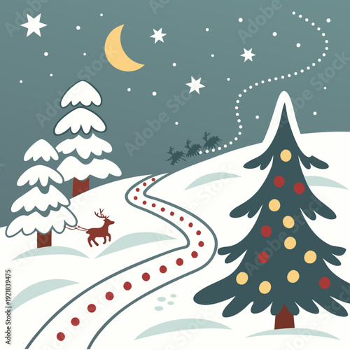 A winter Christmas scene with the trail leading to the North pole. The text is grouped for easy replacement. 