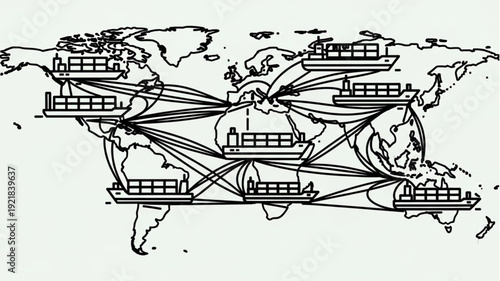 Global shipping routes connecting continents with cargo ships.