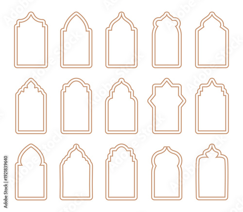 Islamic frames. Ramadan frames, mosque arches, decorative arches, Moroccan gates, black silhouette illustration. Golden Islamic window shapes in oriental style. Islamic vector window or door.