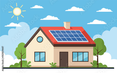 Modern eco house with solar panels on roof under bright sun. Renewable energy concept. Flat vector illustration