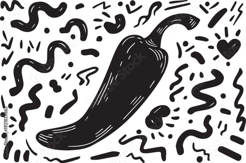 A hand-drawn chili pepper with wobbly eat lines. Collection set of Black pepper icon with confetti vector silhouette