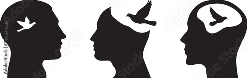 Collection set of Mindfulness and freedom icon set. Includes thought, freedom, and mental health symbols. Created in simple black style with white accents vector silhouette