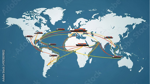 Global shipping routes connecting continents with cargo ships illustration.