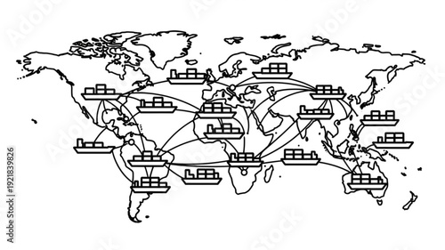Global shipping routes connecting continents with container ships illustration.