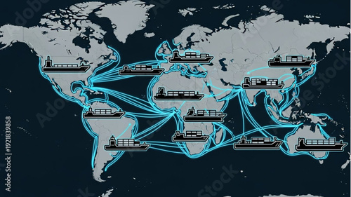 Global shipping routes connecting continents with cargo ships.