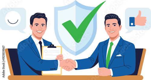 business agreement illustration with two professionals shaking hands showing trust, approval and successful partnership