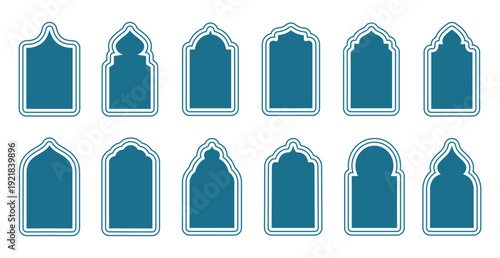 Ramadan blue Frame Shapes. Islamic Vector Design Elements with Ornamental Golden Pattern Frame. Vintage Muslim Decorative Badges with Decorated Border.