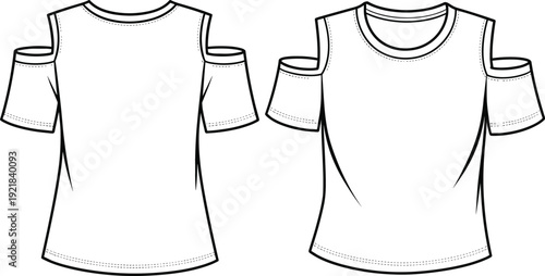 Cold shoulder women’s top flat sketch, short sleeve vector fashion illustration, front and back CAD drawing for apparel design