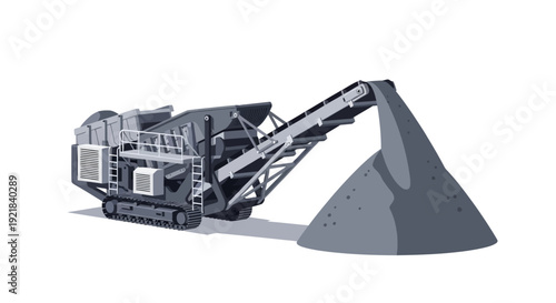 Mobile crushing plant processing aggregate material into a large pile on a white background.