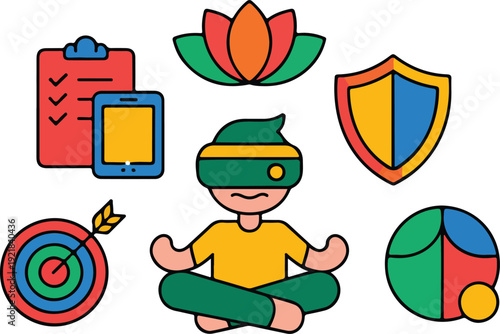 VR Meditation Outline Icon Set  Virtual Reality, Mindfulness, and Wellness