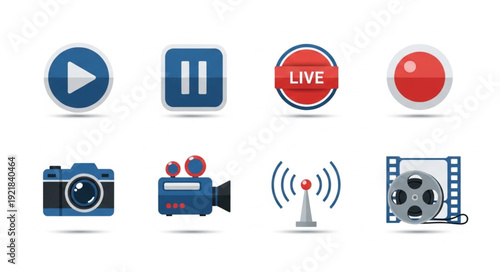 Collection of media and technology icons on white background.