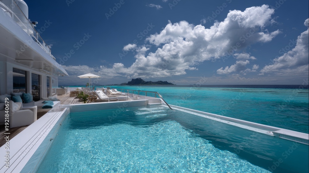 Fototapeta premium Luxury yacht swimming pool with ocean views and tropical island scenery