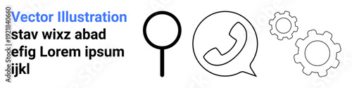 Technology, communication, digital tools, app settings, search functionality, user interface. Black magnifier, chat bubble with a phone symbol and gears icon. Communication and technology theme