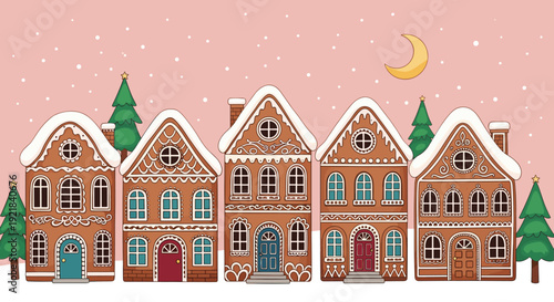 Gingerbread houses winter village illustration with snow and moon