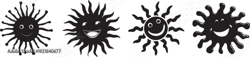 A hand-drawn sun with a happy face and wobbly rays. Collection set of Smiling sun icons set vector silhouette