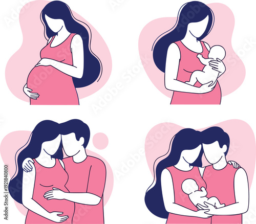 Pregnancy and newborn family moments illustration set with parents