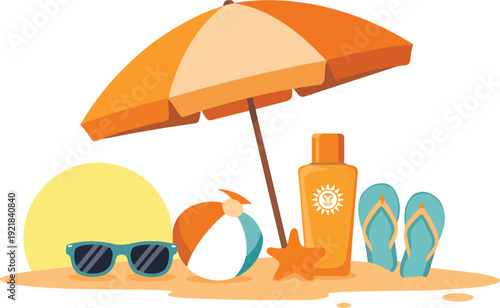 Sunny Beach Outline Icon Set  Umbrella, Ball, and Flip-Flops