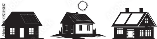 A simple hand-drawn house with solar panels on the roof. Collection set of House icon set with solar panel vector silhouette