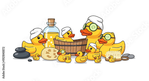 Cartoon ducks enjoying a relaxing spa day together.
