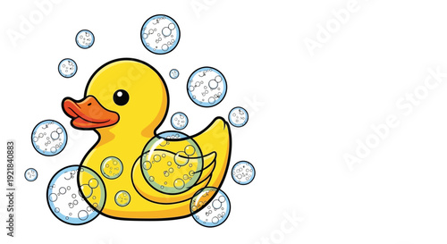 A cartoon yellow rubber duck with bubbles in the water.