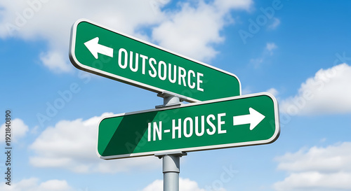 Green road signs pointing to outsource and in-house options